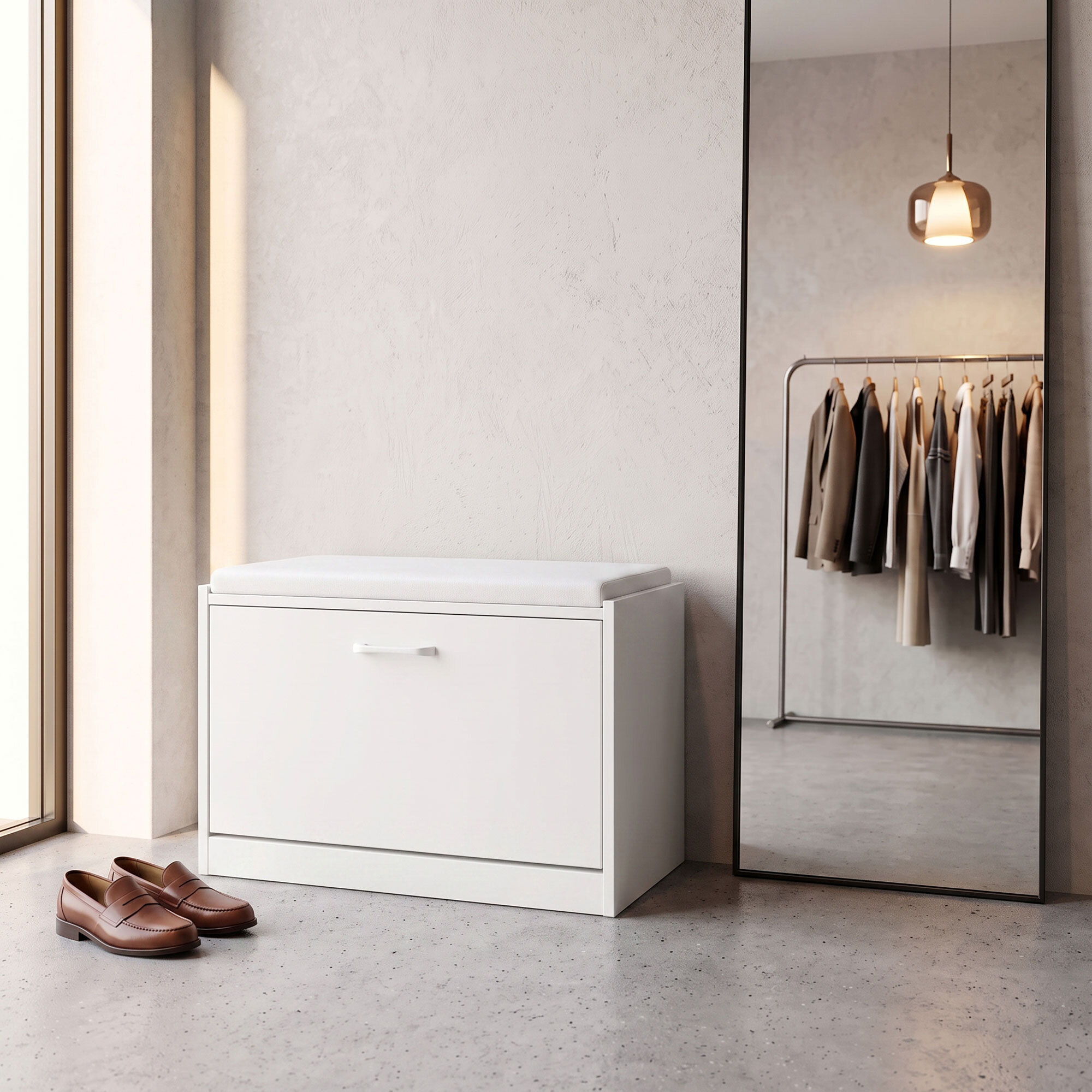 Kaizen - Panca da Ingresso con Scarpiera 63x47x30 cm 9 paia Portascarpe con Cuscino in Legno Bianco