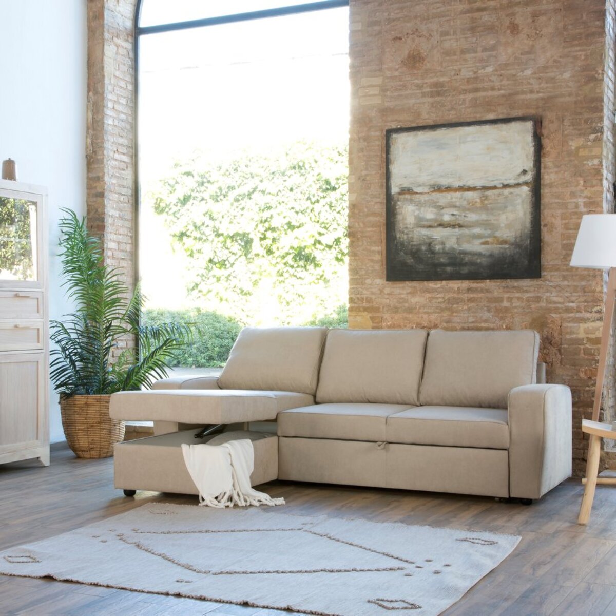 Canapé d'angle Kubor -textile, mousse pu, bois et panneau de particules-couleur beige 238 x 88 x 157 cm