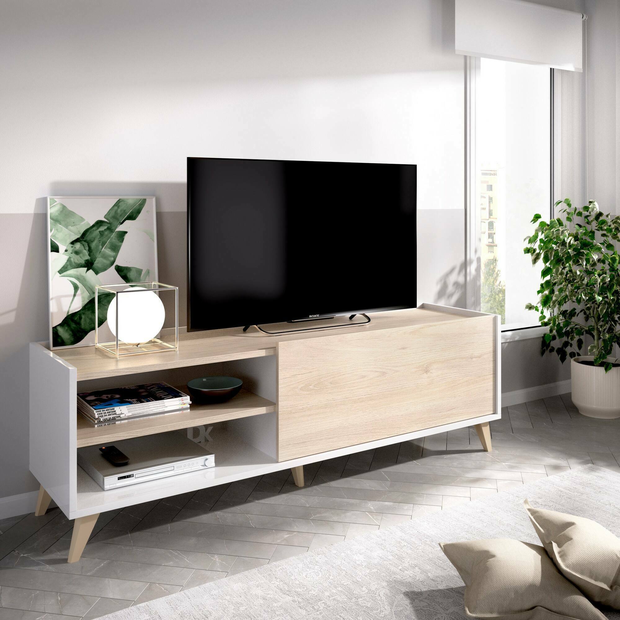 Mobile porta TV Asinara, Credenza bassa da soggiorno, Madia da salotto per televisione, 155x43h47 cm, Rovere e Bianco