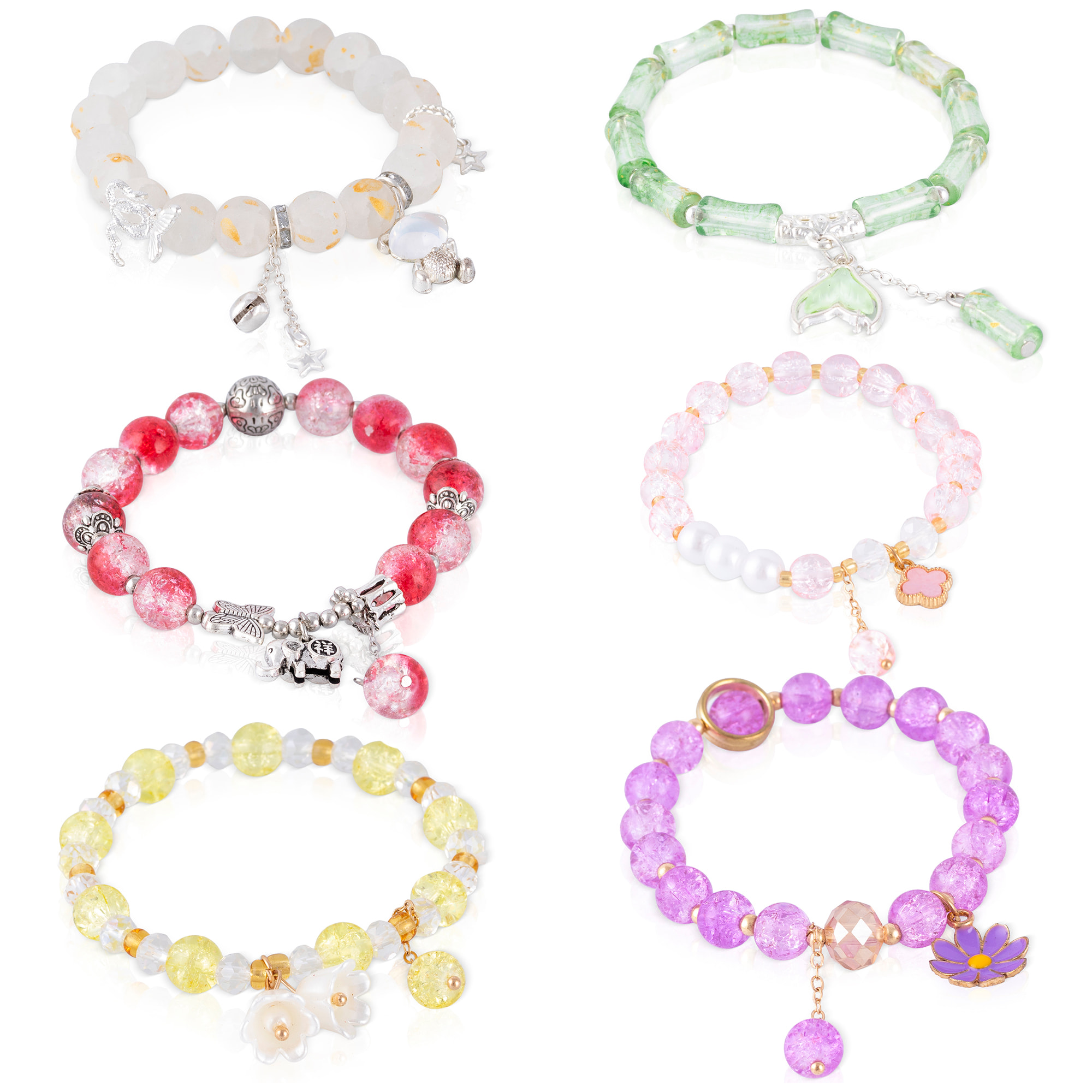 Set de 6 pulseras elásticas con cuentas de cristal y diseños amarillo, blanco, granate, morado, verde y rosa.