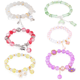 Set de 6 pulseras elásticas con cuentas de cristal y diseños amarillo, blanco, granate, morado, verde y rosa.