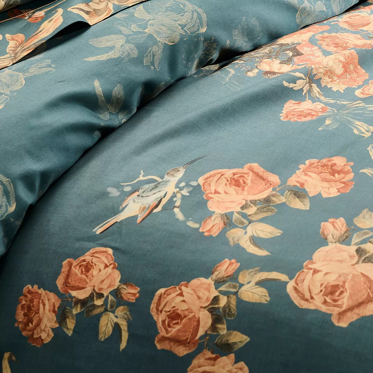 Housse de couette satin de coton 115 g/m² imprimé vert orange Roses d'automne vert anglais