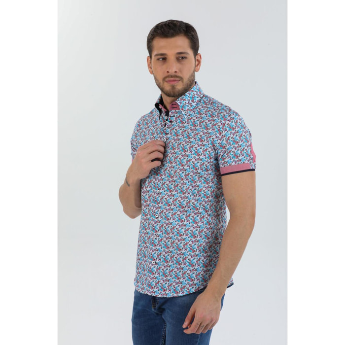Camicia Uomo Manica Corta 2 Bottoni Button Down 7 Botto Popeline Stampato Celeste e Rosso