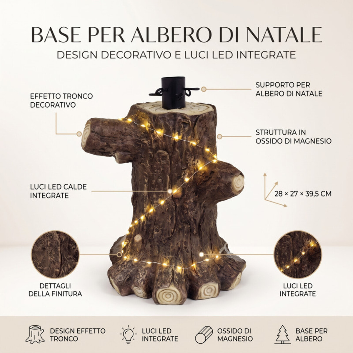 Base per albero di Natale effetto tronco con LED in magnesio e ferro - Multicolore