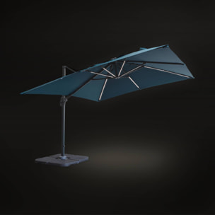 Parasol déporté solaire LED 3x3m Luce bleu canard avec lumière intégrée + housse