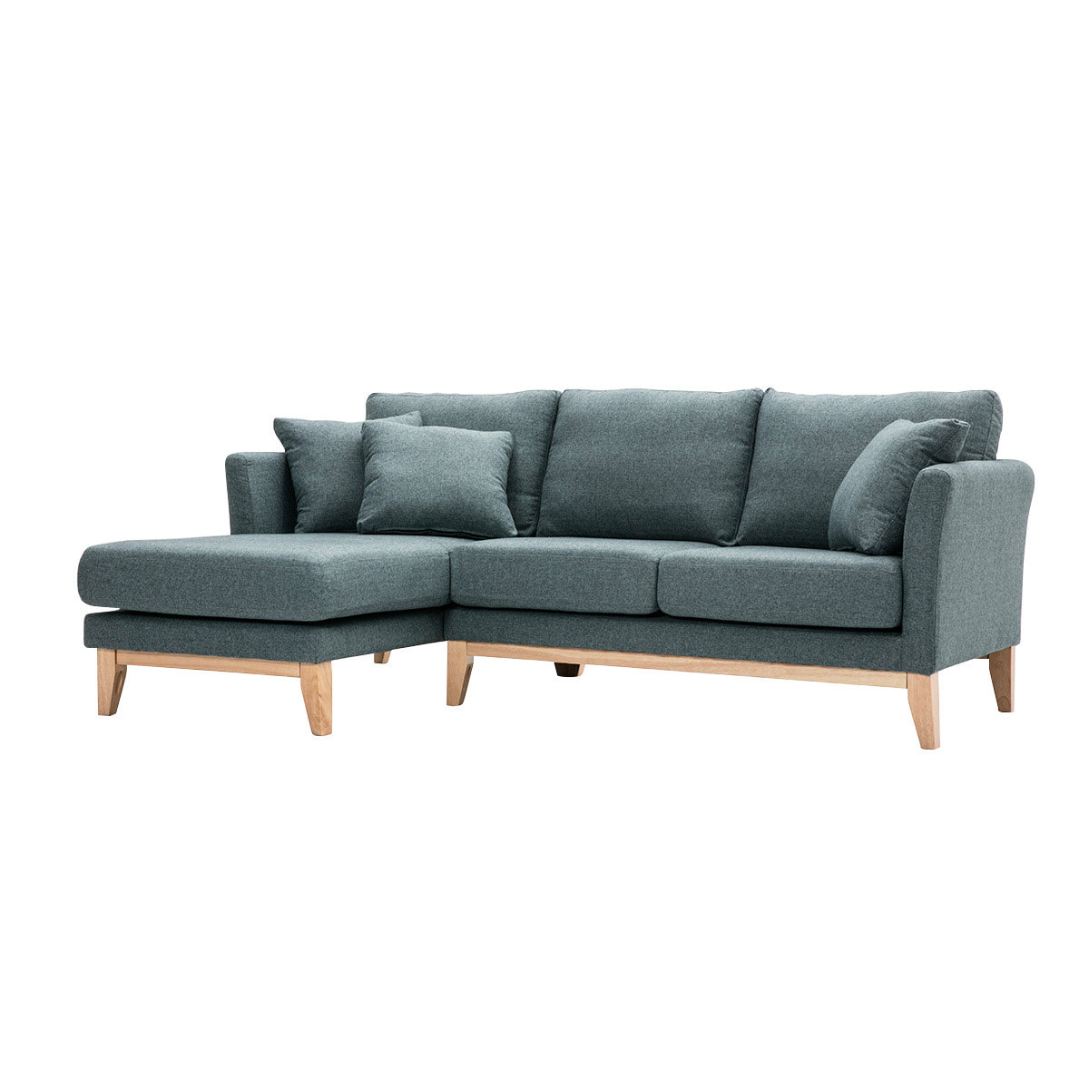 Canapé d'angle gauche déhoussable scandinave en tissu vert de gris et bois clair 3-4 places OSLO