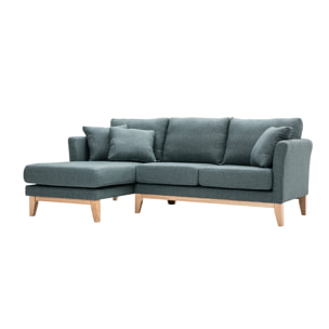 Canapé d'angle gauche déhoussable scandinave en tissu vert de gris et bois clair 3-4 places OSLO