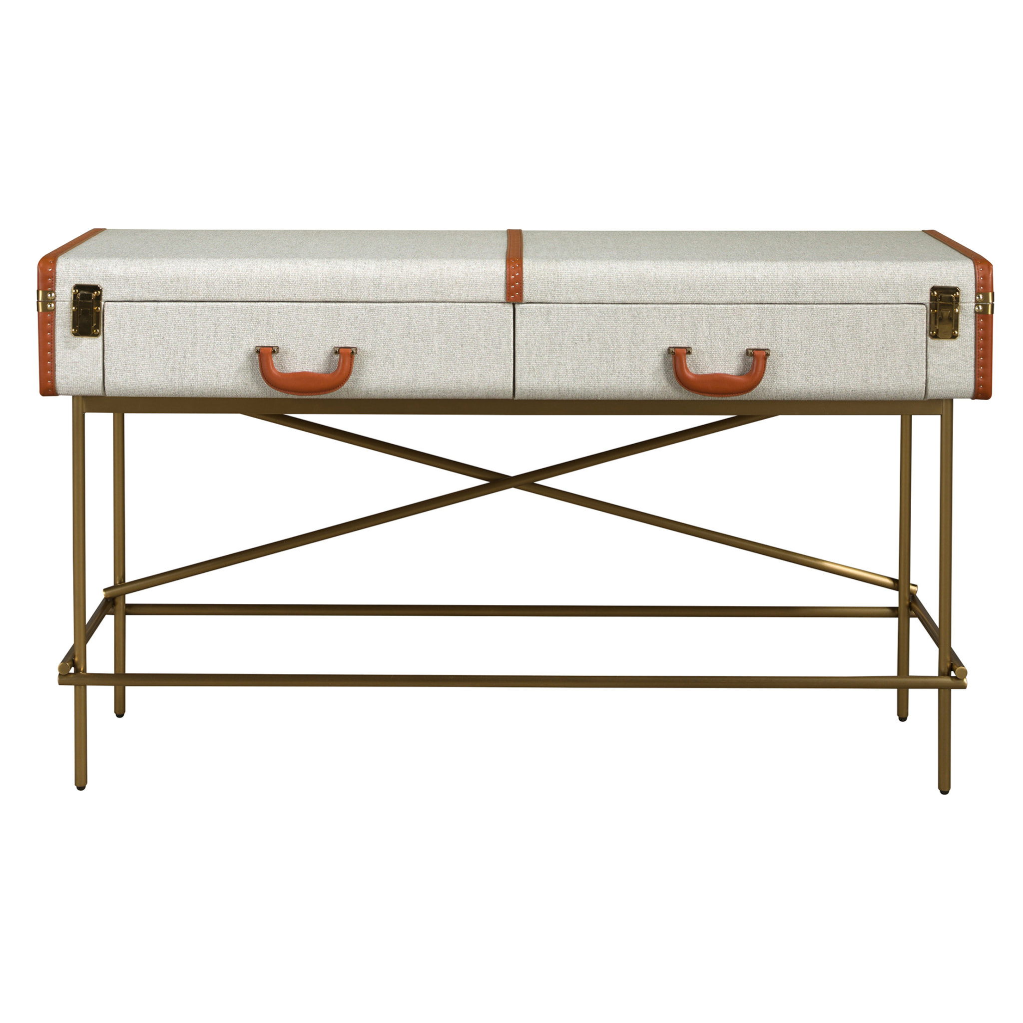 Consola rectangula en madera chapada en nogal natural con un elegante tapizado en tela gris claro 141x45x81cm