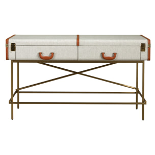 Consola rectangula en madera chapada en nogal natural con un elegante tapizado en tela gris claro 141x45x81cm