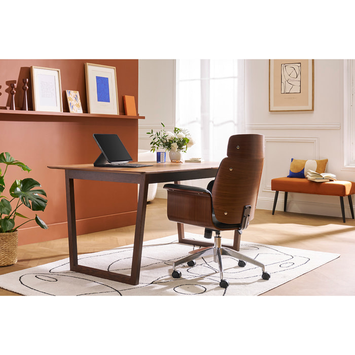 Fauteuil de bureau à roulettes design noir, bois foncé noyer et acier chromé ELON