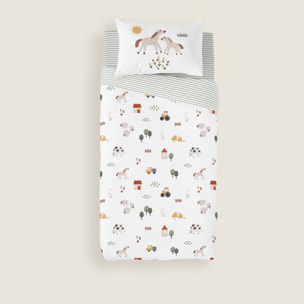 Cool Kids - Funda Nórdica Estampada - Reversible - Infantil - Cierre Solapa - 100% Algodón - Incluye 1 Funda de Almohada - Cuna/Maxicuna - Farm Life