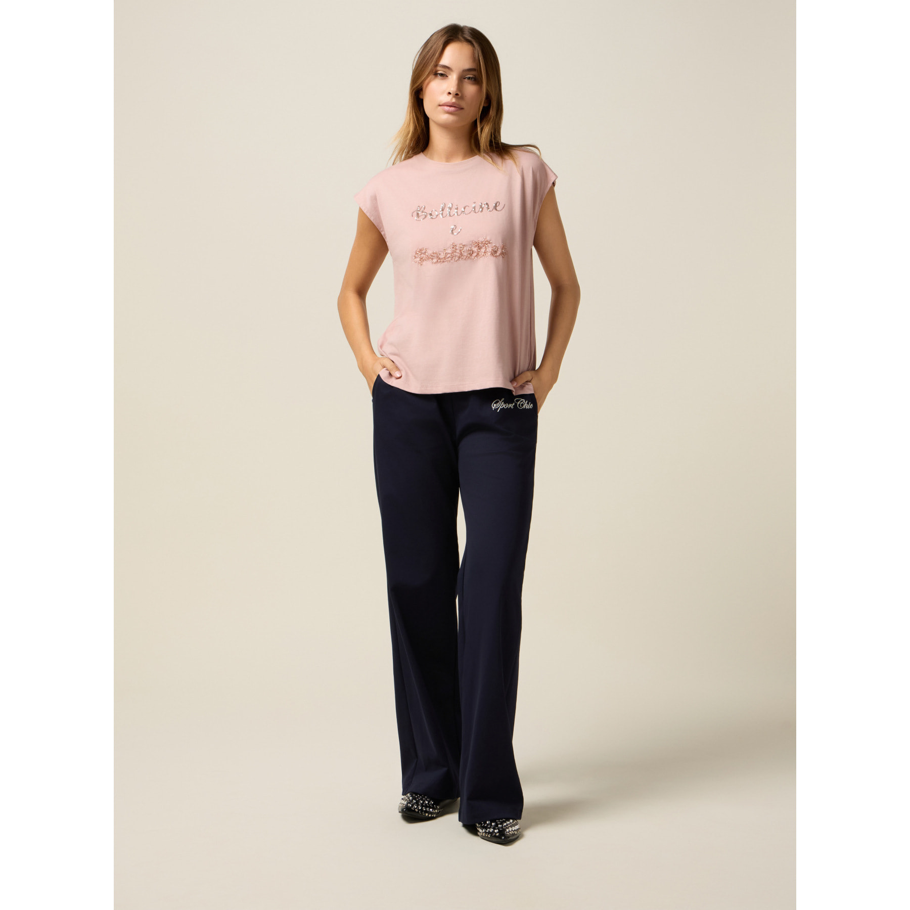 Oltre - T-shirt in jersey con ricamo lettering - Rosa