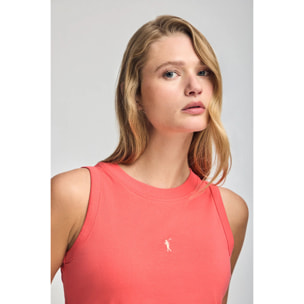 Maglietta basic corallo smanicata a girocollo con logo Rigby Go ricamato