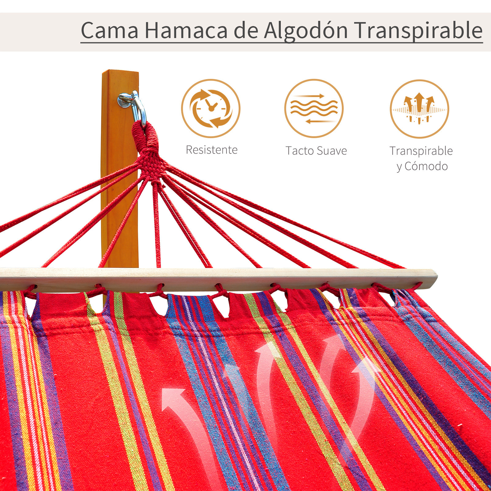 Hamaca Doble Carga Max. 120kg de Madera 3,15x1x1,1m Rojo