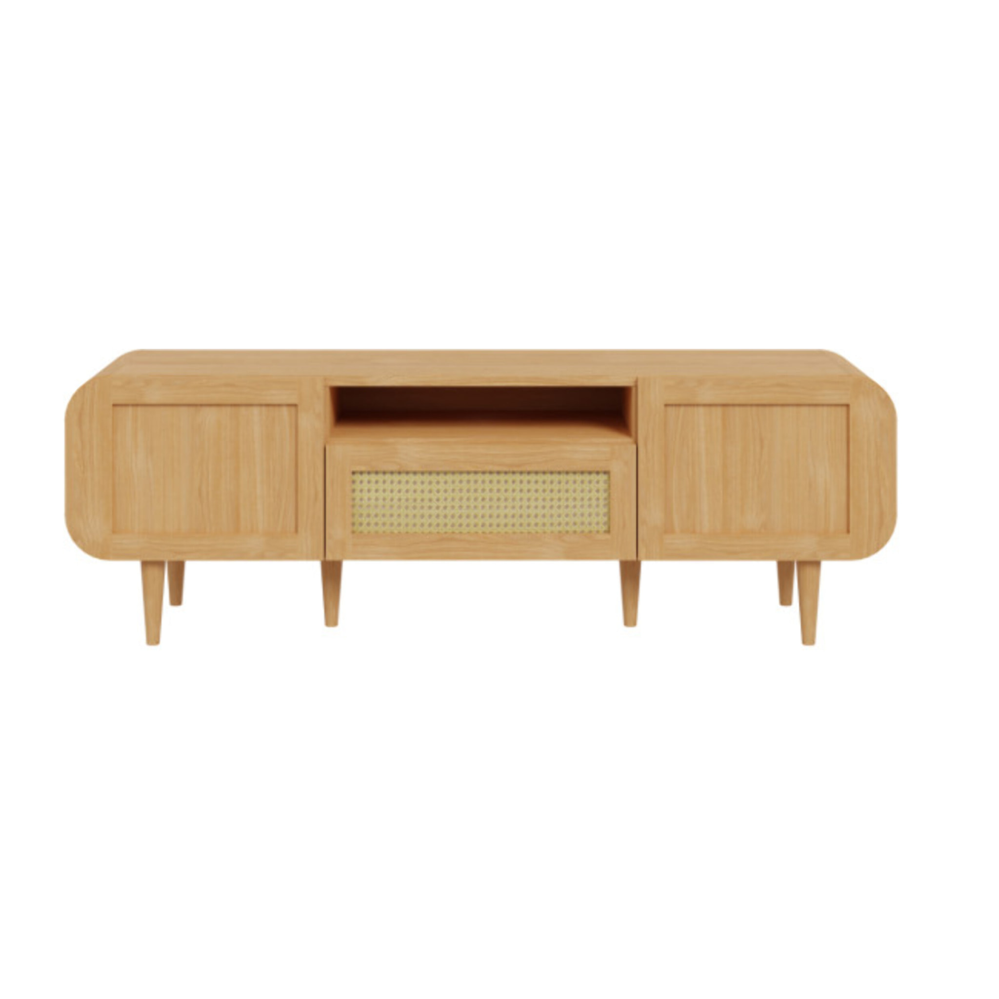 Meuble TV 160 cm 2 portes 1 tiroir rotin et décors chêne - BEVERLY