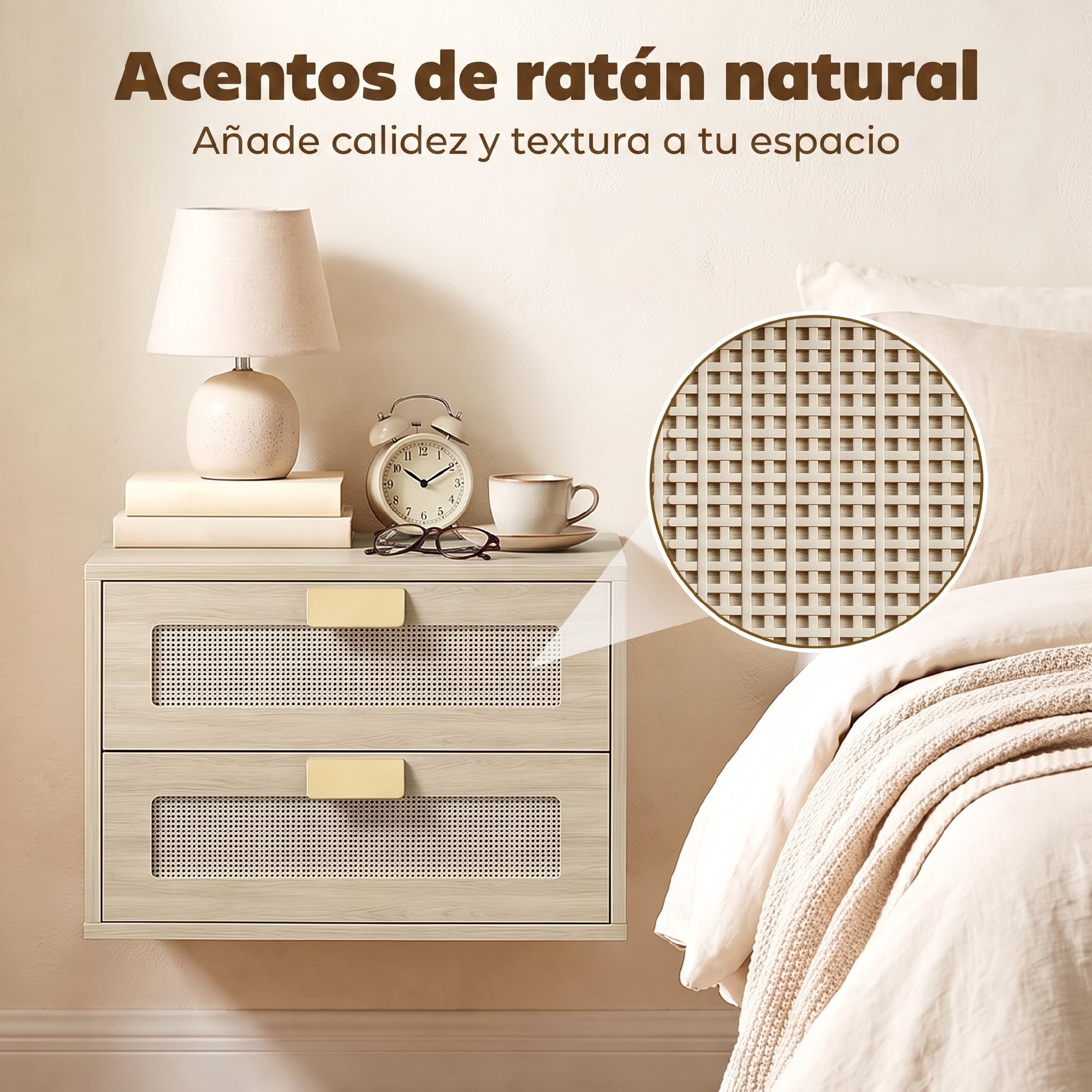 Juego de 2 Mesitas de Noche Flotantes, Mesillas de Noche con 2 Cajones con Frente de Ratán Natural, Diseño Moderno, para Dormitorio, 40x30x27,6 cm, Roble