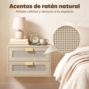 Juego de 2 Mesitas de Noche Flotantes, Mesillas de Noche con 2 Cajones con Frente de Ratán Natural, Diseño Moderno, para Dormitorio, 40x30x27,6 cm, Roble