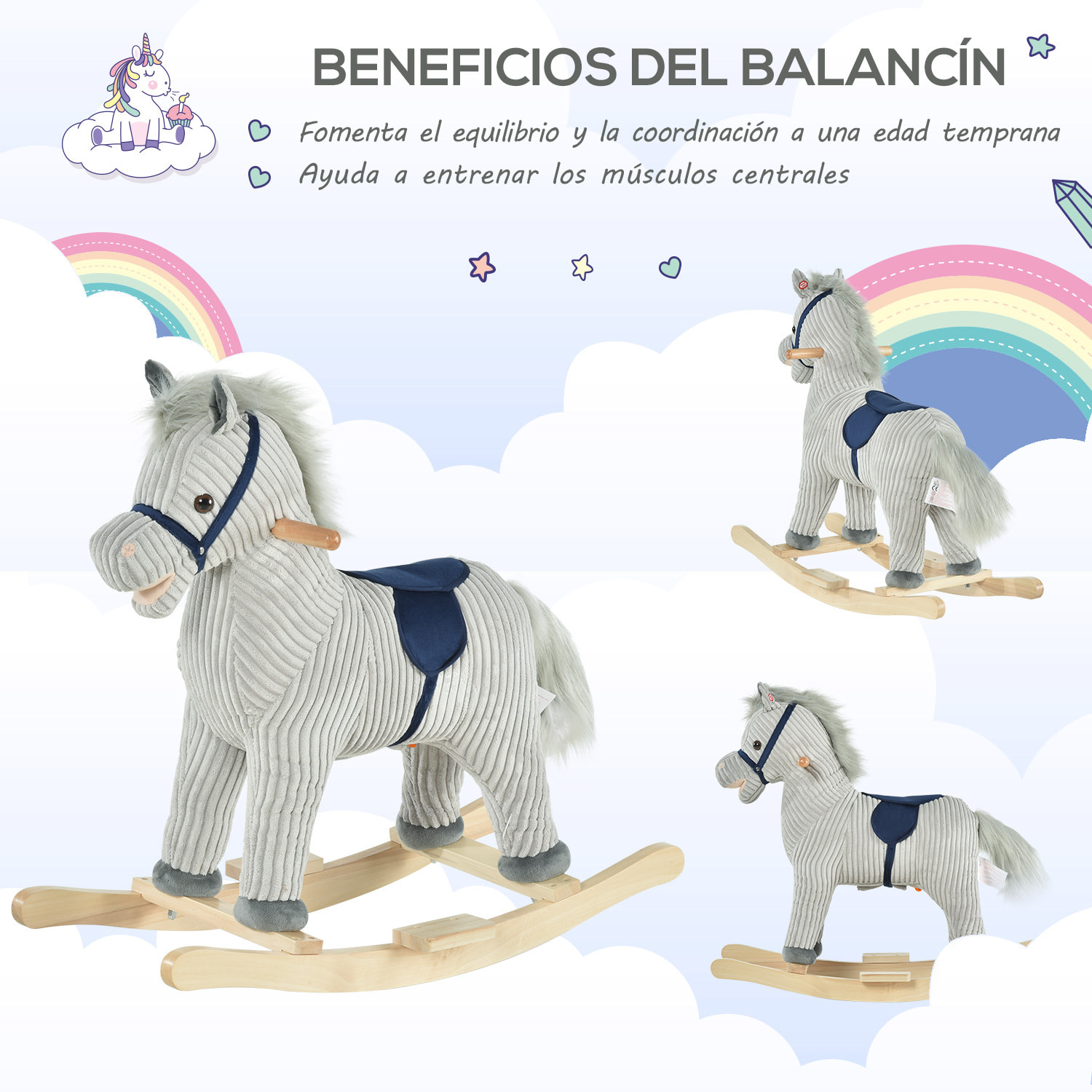 Caballito Balancín Infantil para Niños +3 Años con Sonido 73x35x64cm Gris y Azul