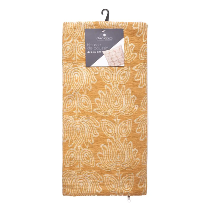 Housse de coussin "Fleur" - coton et chenille - jaune ocre - 40x40 cm