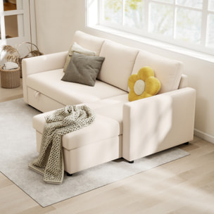 Canapé d'angle 3 places convertible réversible - coffre intégré - garnissage mousse haute densité - tissu beige