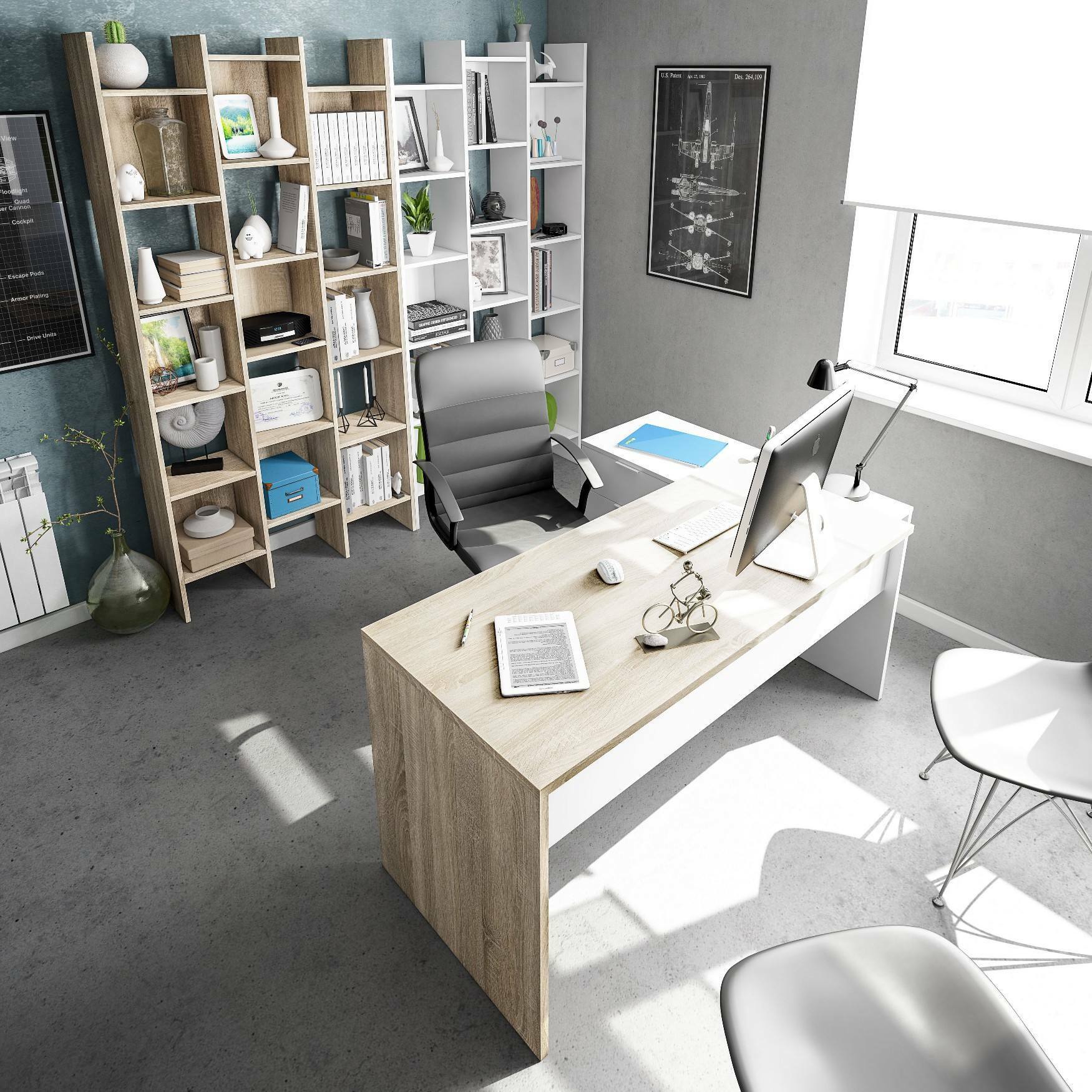 Scrivania Agnello, Scrittoio multifunzione reversibile da ufficio con cassettiera, Tavolo da studio o ufficio porta PC ad angolo, 145x108h73 cm, Rovere e Bianco