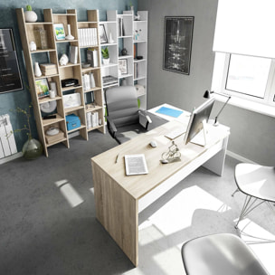 Scrivania Agnello, Scrittoio multifunzione reversibile da ufficio con cassettiera, Tavolo da studio o ufficio porta PC ad angolo, 145x108h73 cm, Rovere e Bianco
