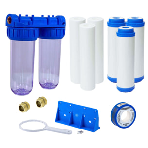 Double bol transparent pour filtres universels 10", prêt à raccorder 3/4" + 3 filtres + 3 filtres charbon actif (SATHF34DX6)