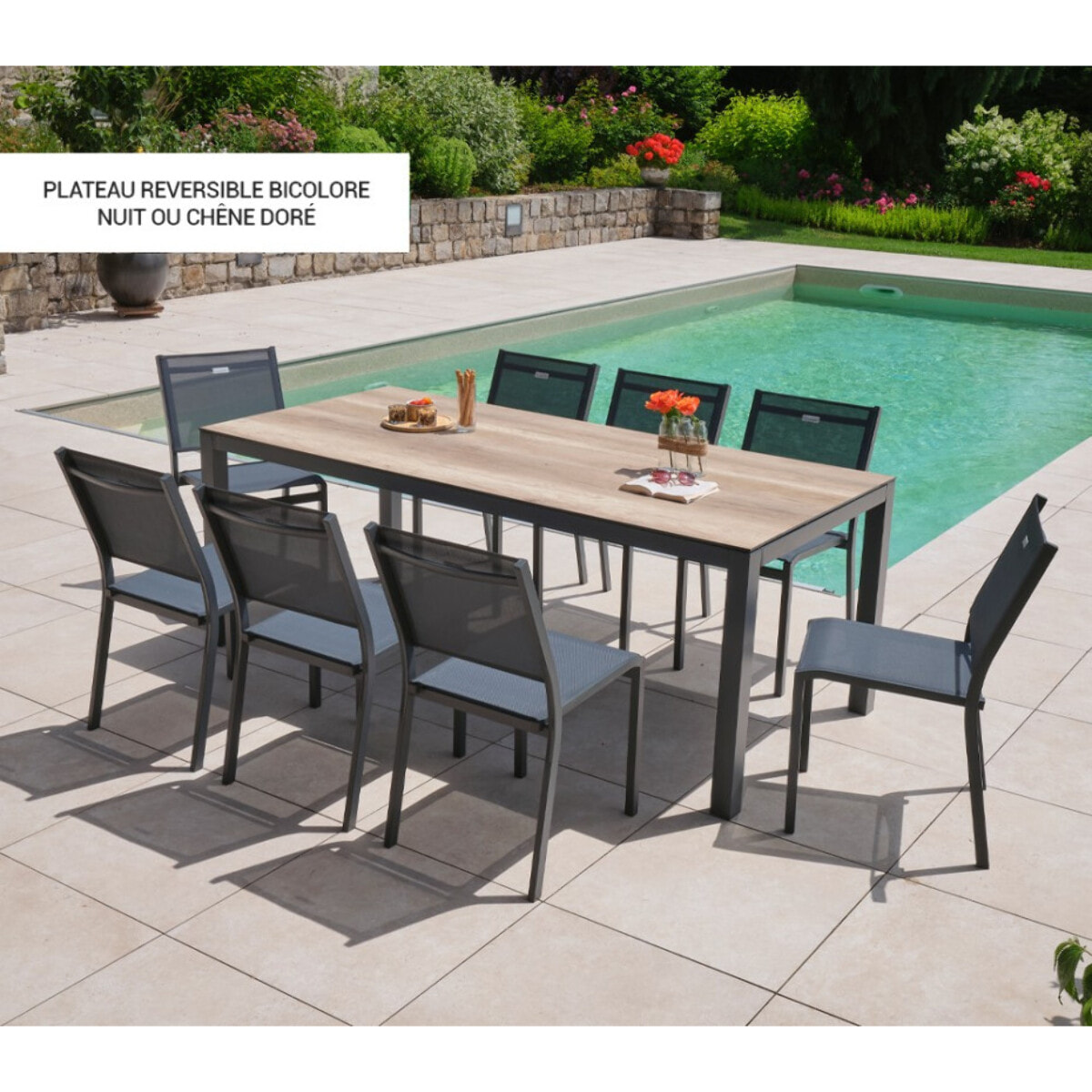 Ensemble table et chaises de jardin  - Chêne doré et Nuit - TIMOREUR