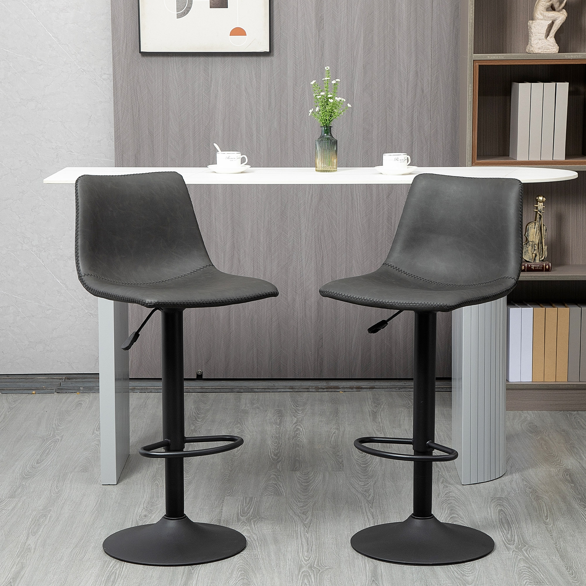 Lot de 2 tabourets de bar Vintage hauteur réglable pivotant avec repose-pied PU avec surpiqûres gris foncé