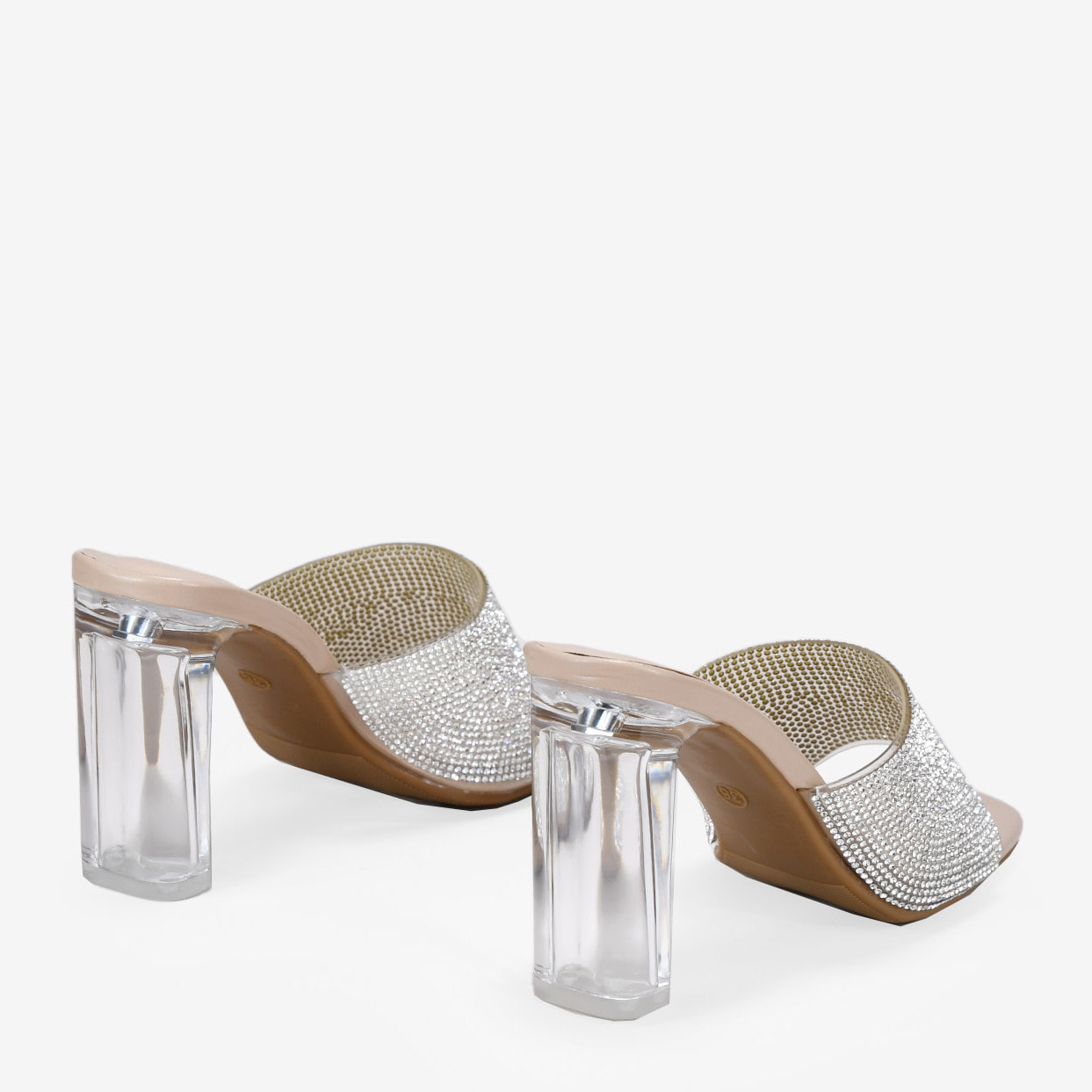 Sandalias de fiesta destalonadas brillantes con tacón transparente