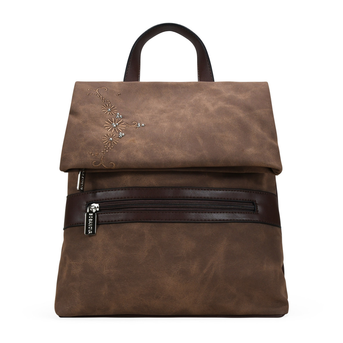 Mochila antirrobo marrón con bordado y tachas
