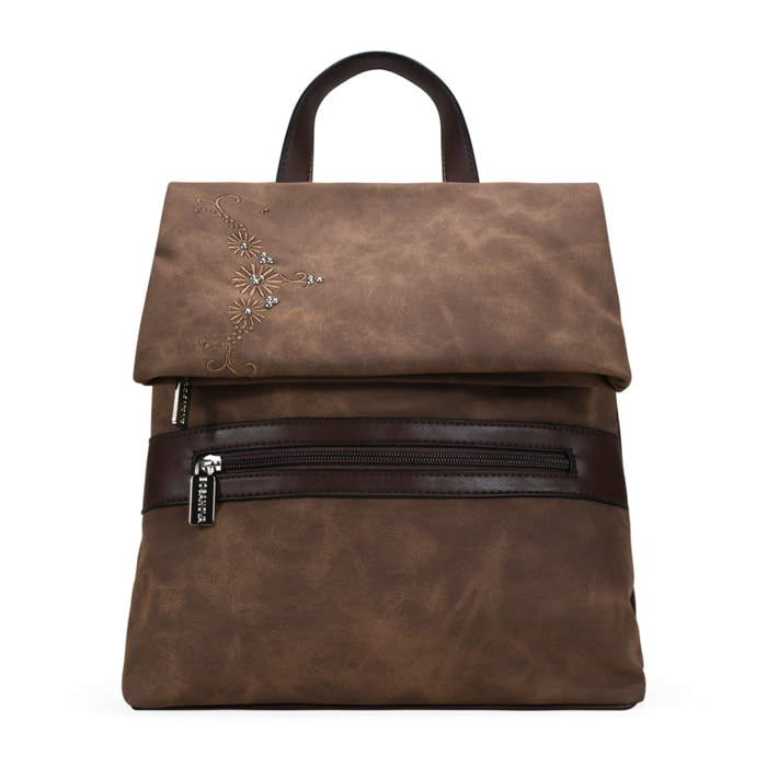 Mochila antirrobo marrón con bordado y tachas