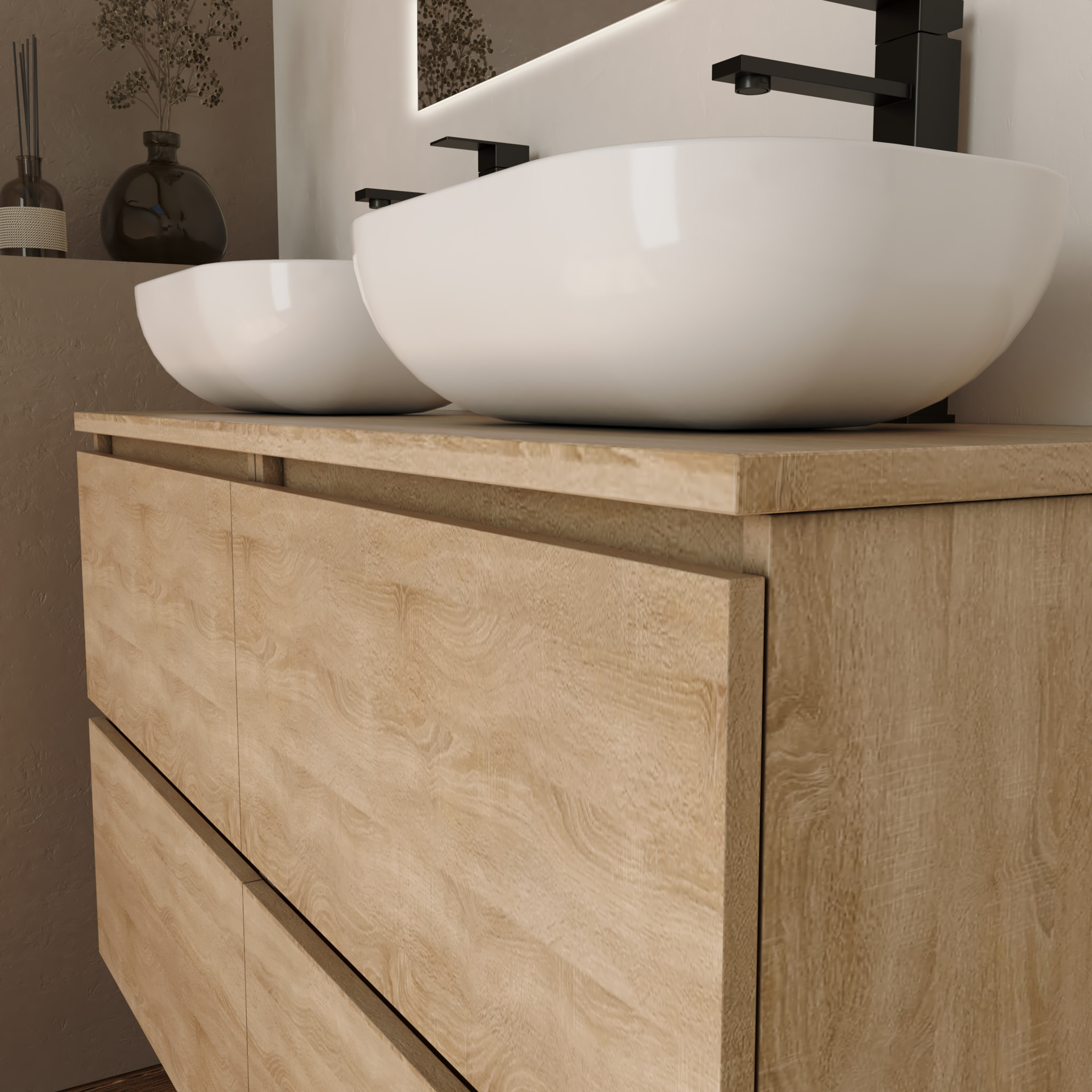 Conjunto de Baño Kaji | Mueble de Baño Suspendido | 120 cm Bardolino| Cuatro Cajones | Lavabo Ovalado sobre Encimera | No incluye Espejo | Alday