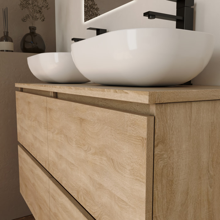 Conjunto de Baño Kaji | Mueble de Baño Suspendido | 120 cm Bardolino| Cuatro Cajones | Lavabo Ovalado sobre Encimera | No incluye Espejo | Alday