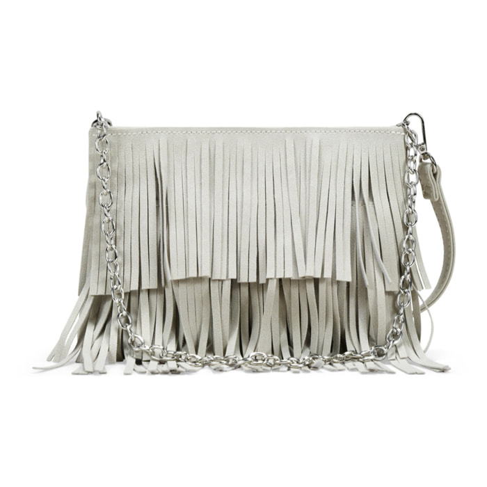 Bolso de hombro beige con flecos y cadena