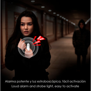 Allarme personale SOS con luce LED brillante bianca, rossa e blu, suono di 130dB. Batteria ricaricabile e attivazione rapida tramite pressione.