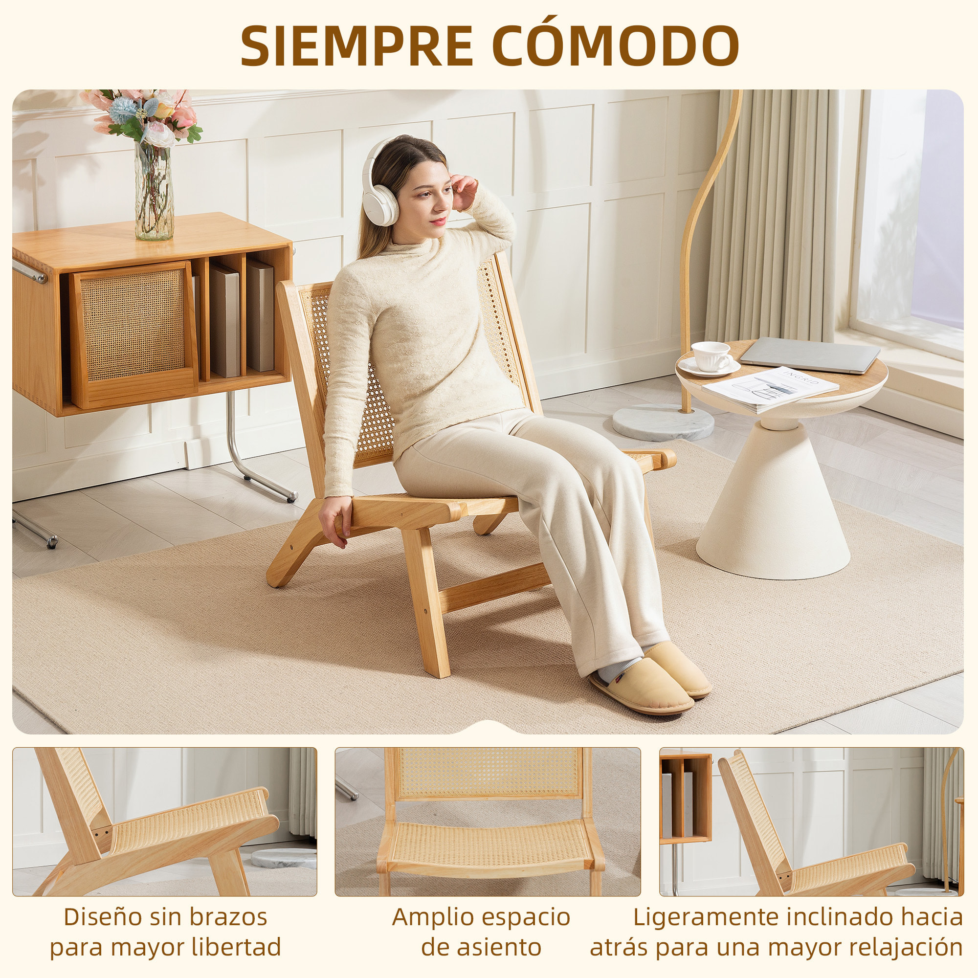 Sillón de Salón Nórdico Butaca de Salón con Respaldo y Asiento Amplio de Ratán Marco de Madera Butaca para Dormitorio Sala de Estar Natural
