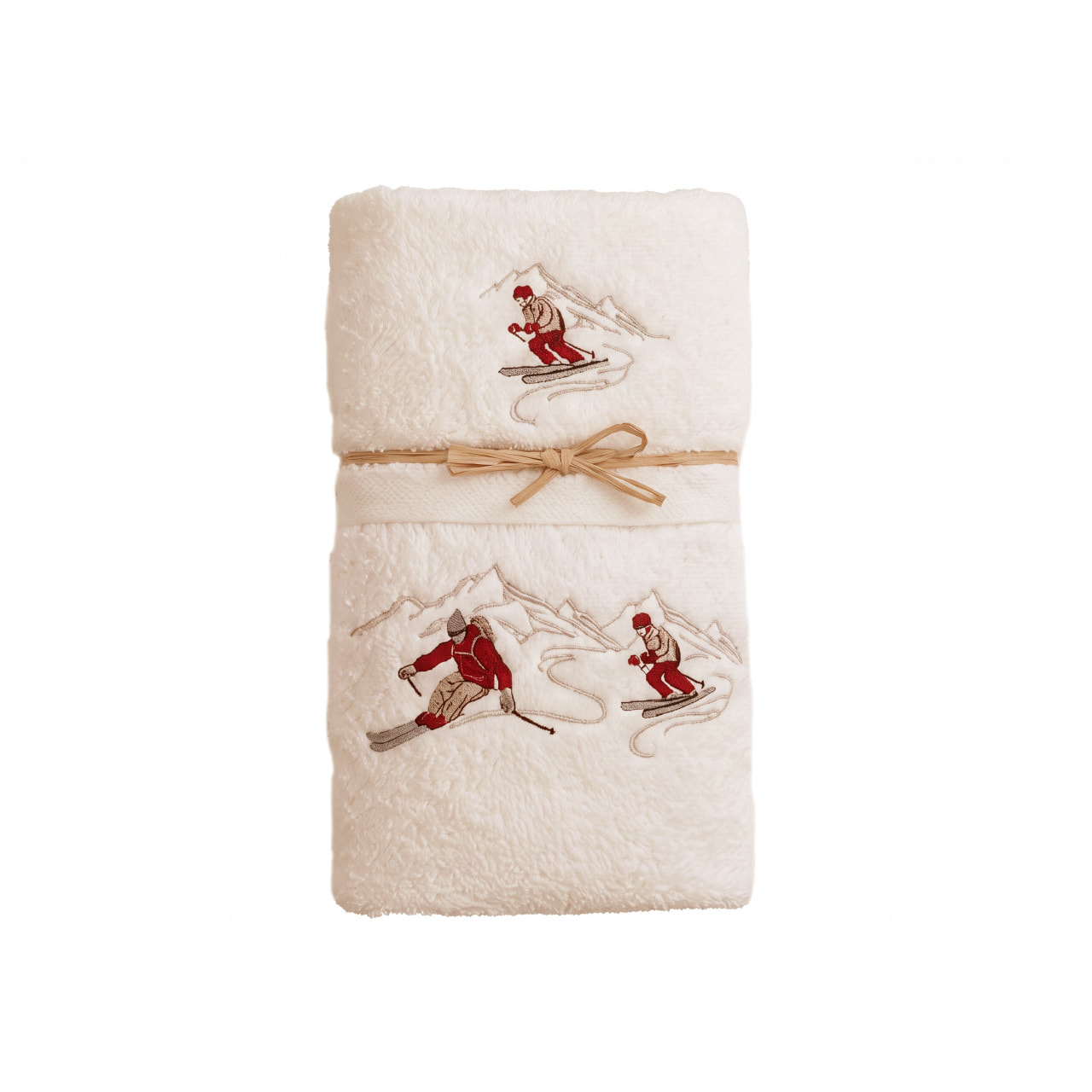 Set Asciugamano Ospite in Spugna 100% Cotone Fantasia Tirolese Natalizia Disegno Ski Panna