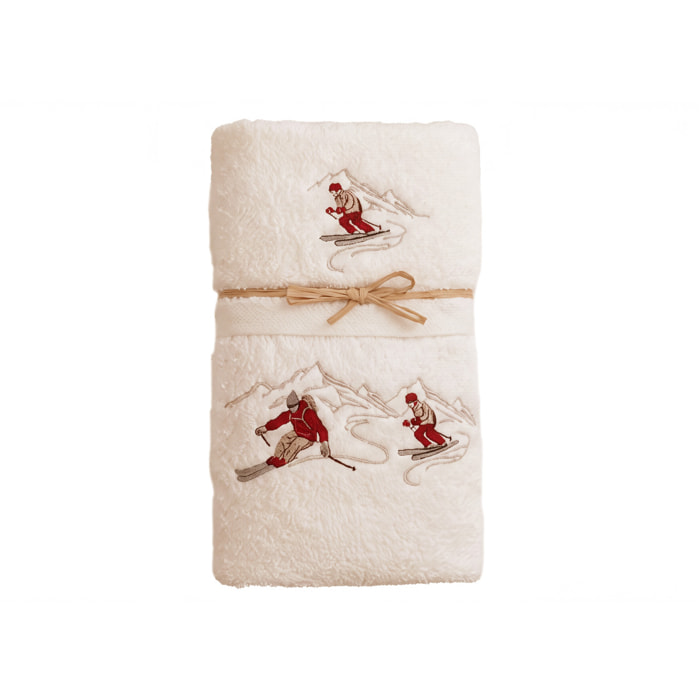 Set Asciugamano Ospite in Spugna 100% Cotone Fantasia Tirolese Natalizia Disegno Ski Panna