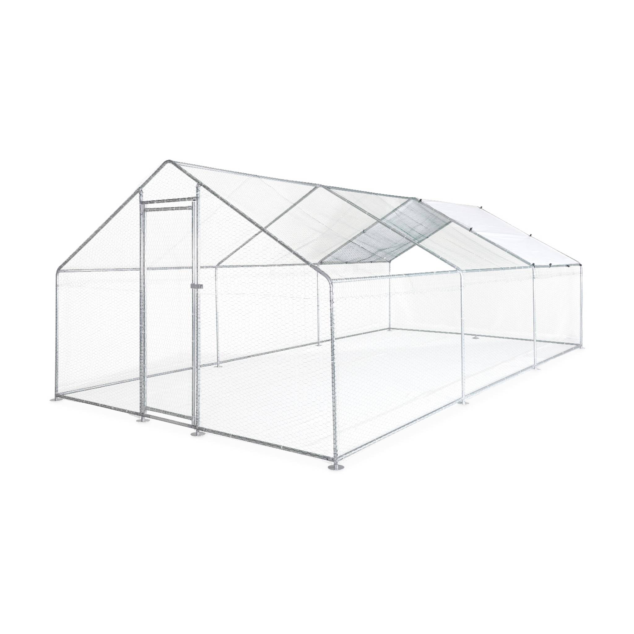 Enclos pour poulailler 18 m² - Babette - Volière en acier galvanisé. bâche de toit imperméable et anti UV. porte avec loquet. enclos pour animaux 3x6m