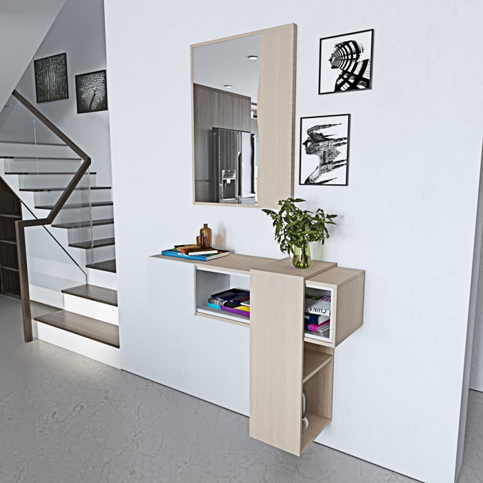 Mobile Danzica Mobiletto da Ingresso Mensola Sospesa con Specchio E Ripiani Scorrevole Arredo Arredamento Sala 100 x 31.5 x 75 cm Bianco e Rovere