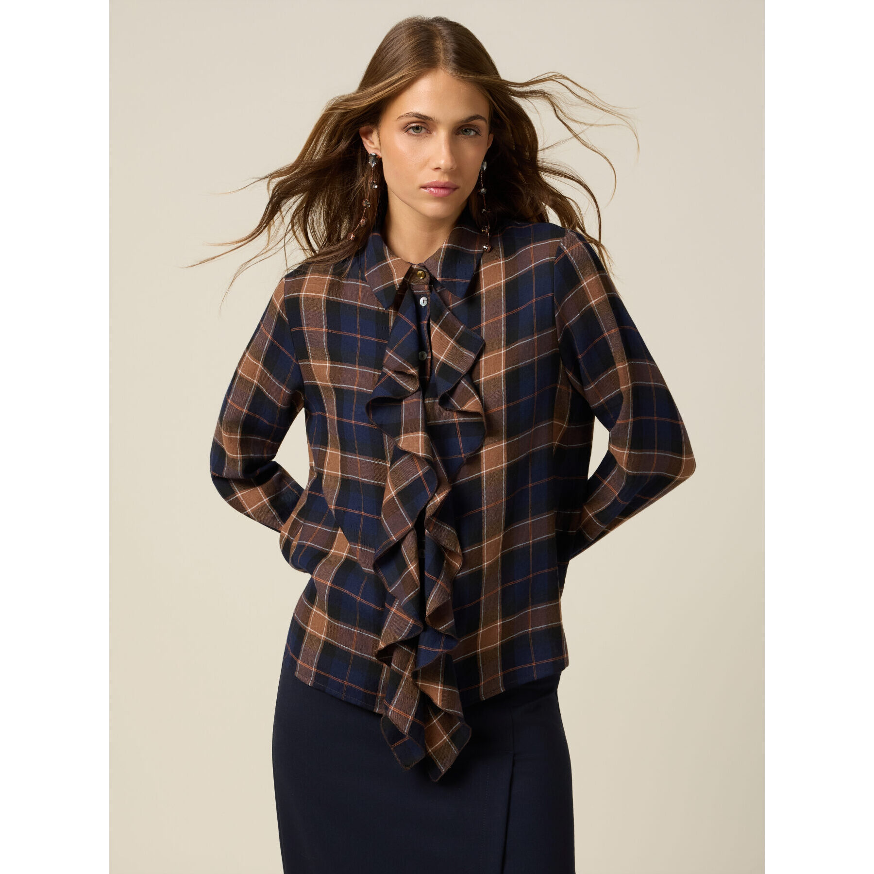 Oltre - Camicia in flanella con volant - Blu