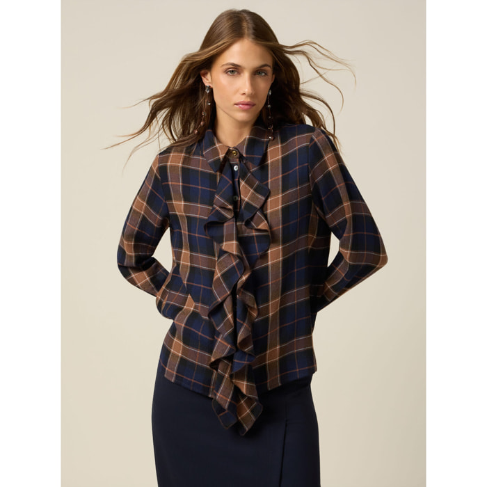 Oltre - Camicia in flanella con volant - Blu