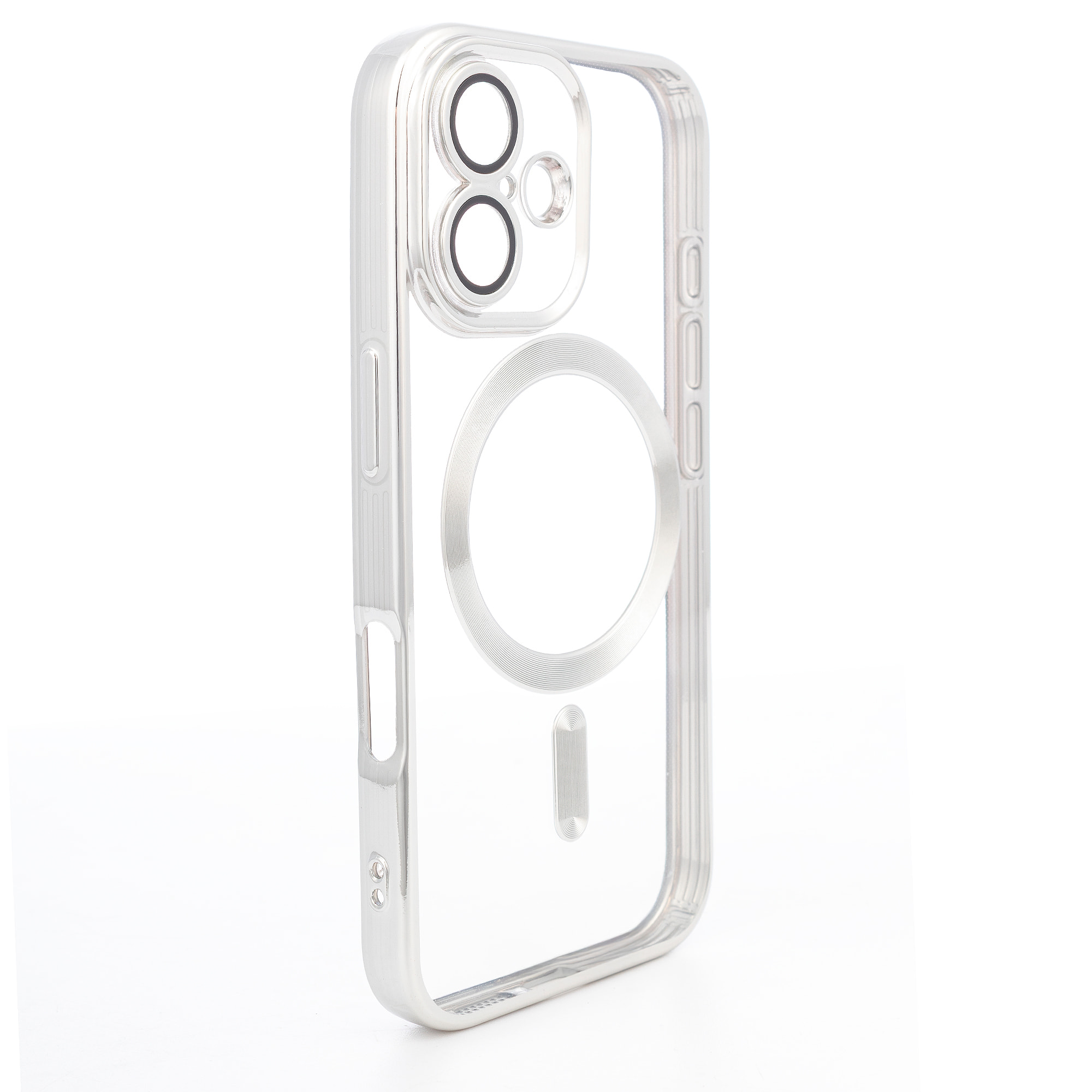 Custodia trasparente con fotocamera coperta, bordi argentati, antiurto e resistente alle impronte. Magsafe per iPhone 16.