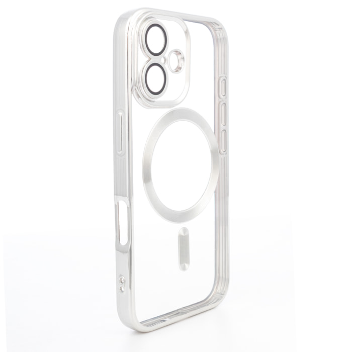 Custodia trasparente con fotocamera coperta, bordi argentati, antiurto e resistente alle impronte. Magsafe per iPhone 16.