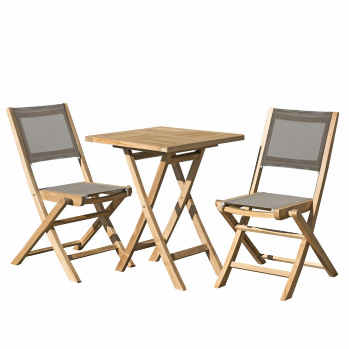 HARRIS - SALON DE JARDIN EN BOIS TECK 2 pers - 1 Table carrée pliante 60 cm et 2 chaises textilène couleur taupe