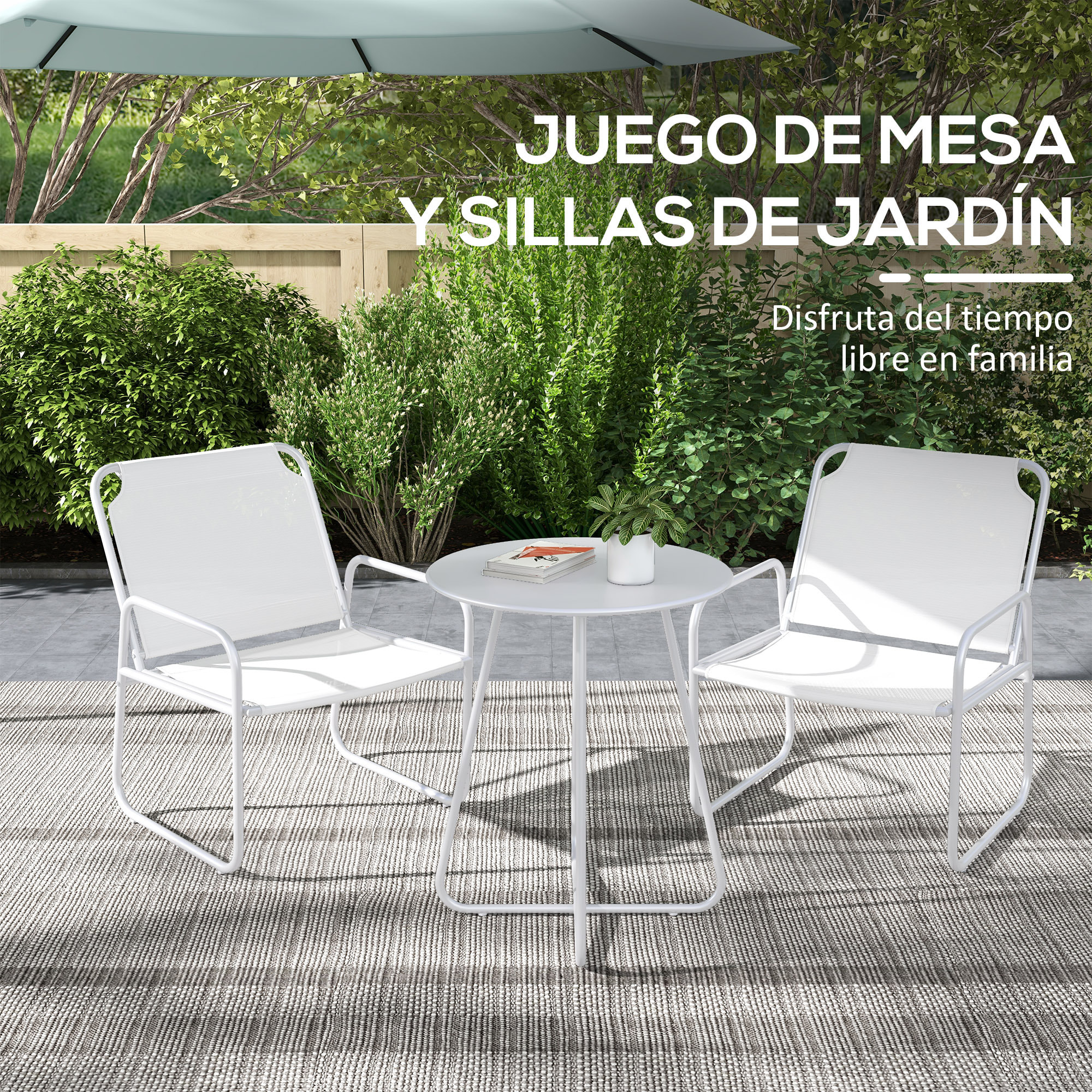 Conjunto de Jardín Exterior Muebles de Jardín Exterior Juego de 1 Mesa Redonda y 2 Sillas de Terraza con Marco de Acero Reposabrazos y Almohadillas Ajustables para los Pies Blanco