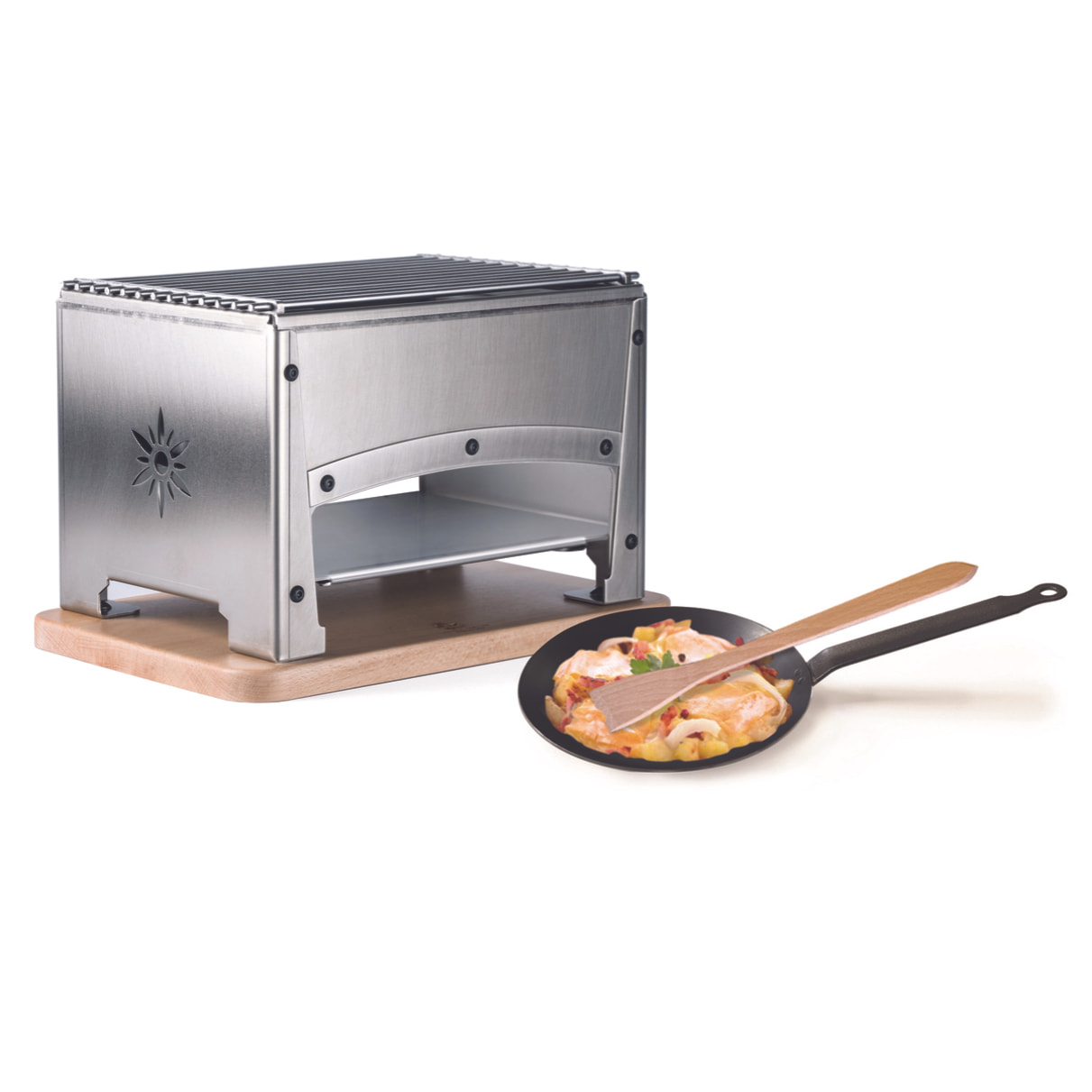 Braséro Bron Coucke 2 coté ouverts pour utilisation en intérieur (+ KIT reblochonade : 1 poêlon acier + spatule composite)