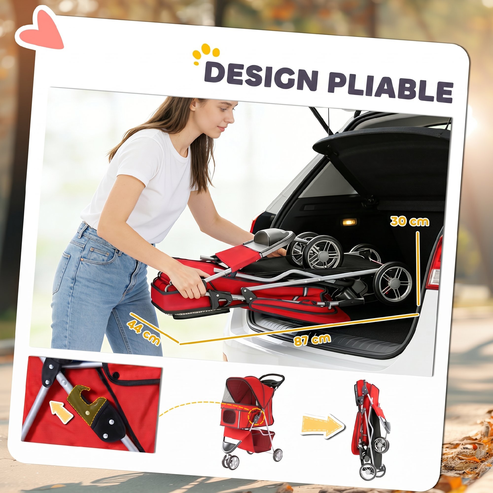 Poussette buggy pour chien chat animaux roue avant pivotante 360 degrés rouge