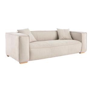Canapé design 3 places en tissu effet velours beige naturel et bois clair COBAIN